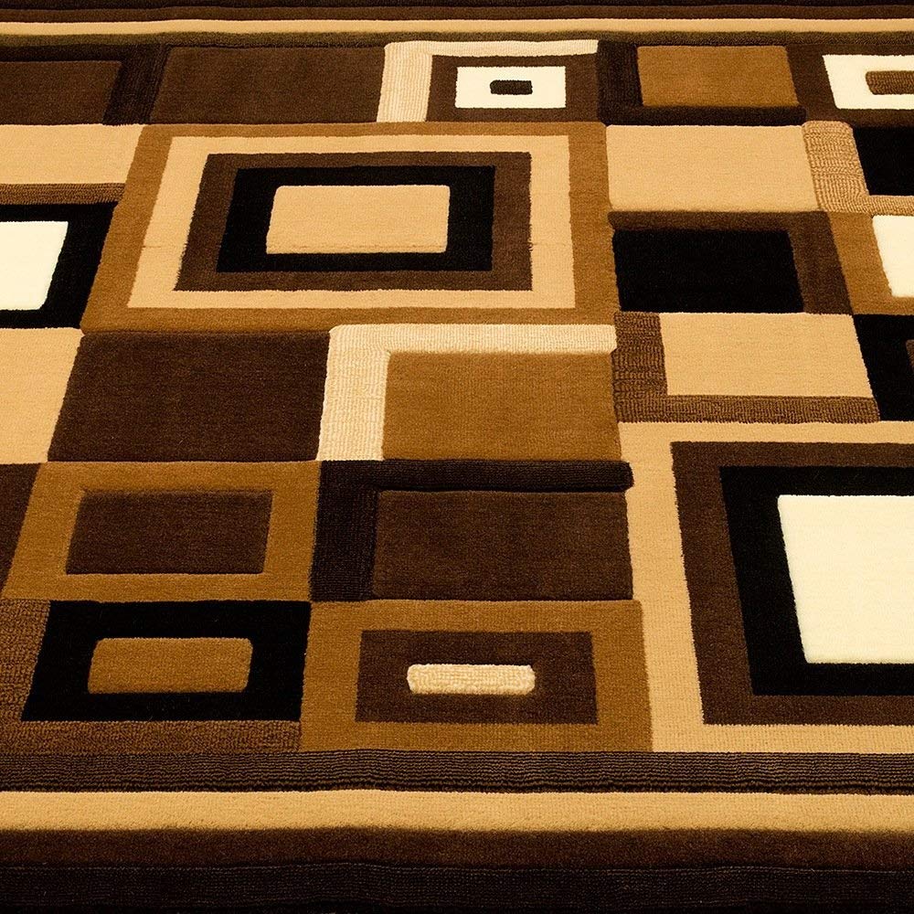 Champion Rugs Squares Chocolate & Mocha Modern Geometric Comfy Casual Hand Carved Area Rug Easy to Clean Stain Resistant Abstract Boxes Contemporary Thick Soft Plush Room (2 Feet X 7 Feet Runner)