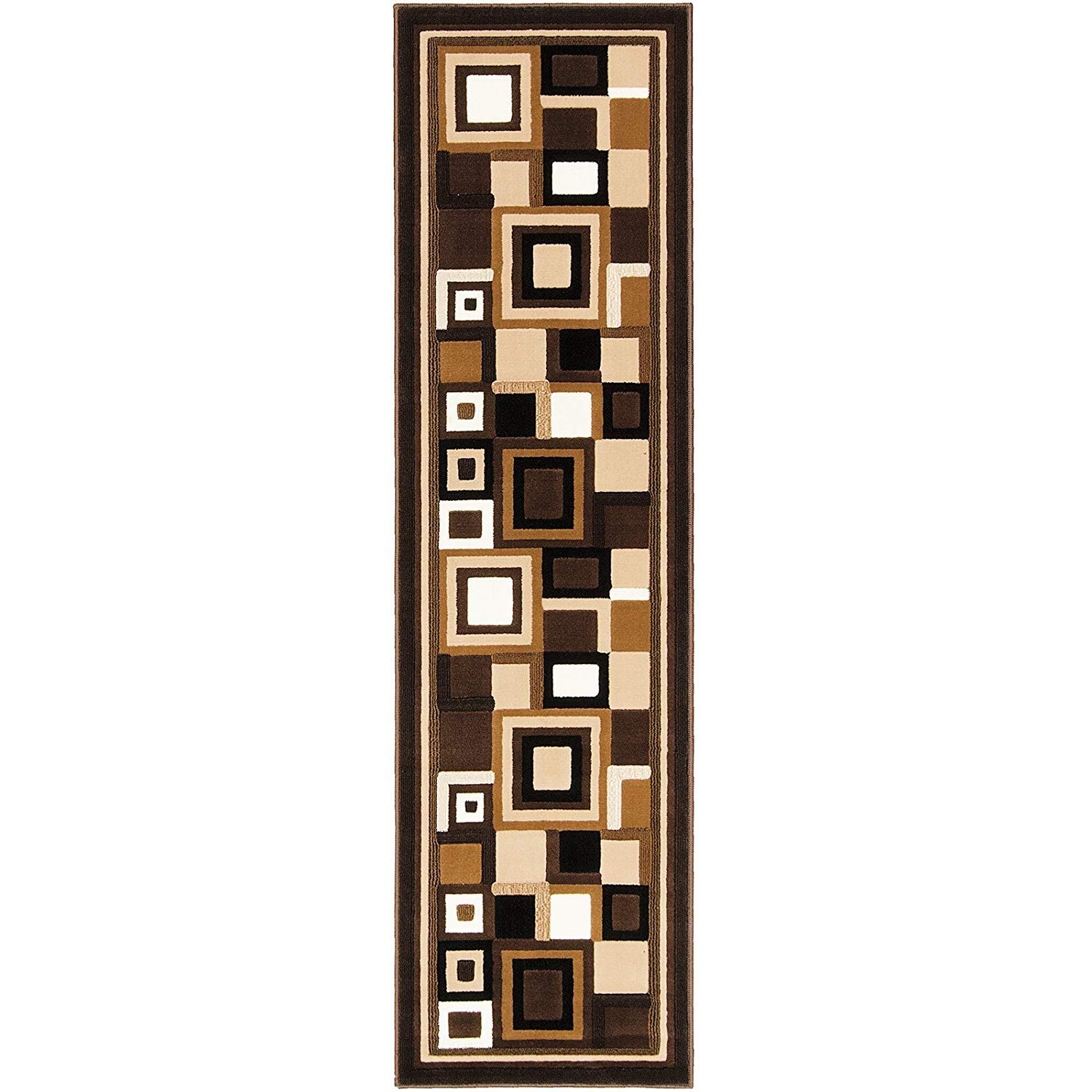 Champion Rugs Squares Chocolate & Mocha Modern Geometric Comfy Casual Hand Carved Area Rug Easy to Clean Stain Resistant Abstract Boxes Contemporary Thick Soft Plush Room (2 Feet X 7 Feet Runner)