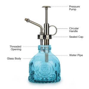 T4U Glass Plant Mister 200ML, Vintage Spray Bottle with Top Pump, Fine Mist Garden Flower Sprayer Small Decorative Spritzer Watering Can Gift for Indoor Outdoor Succulent House Plant (Aqua Blue)