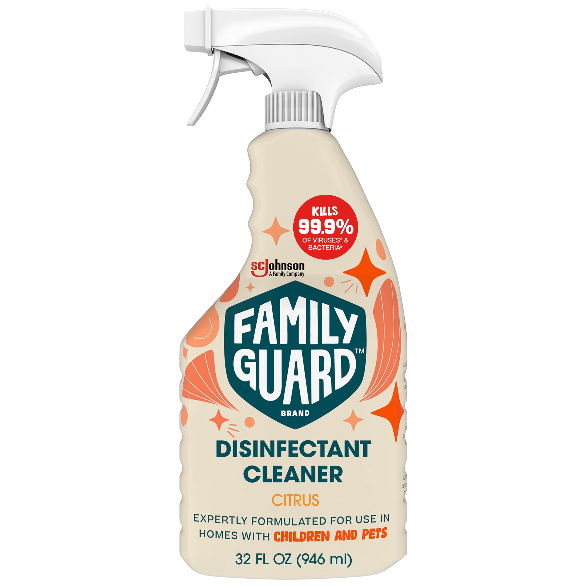 Family Guard Brand Disinfectant Spray Trigger & Multi Surface Cleaner, Antibacterial Spray, Expertly Formulated for Use In Homes with Children & Pets, Citrus Scent, 32 oz (Pack of 1)