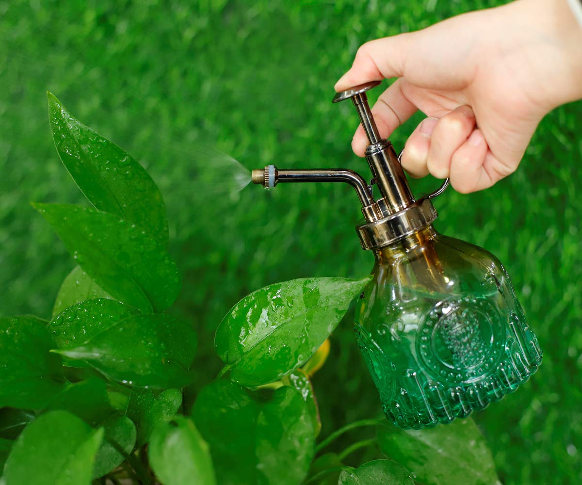 Hniuyun Glass Plant Mister Spray Bottle, 6.4 All Vintage Plant Spritzer Watering Can, Bronze Plastic Top Pump, Plant Mister Glass Watering Garden Tool (Yellow Green Gradient)