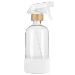 hombys empty bamboo glass spray bottles with silicone sleeve protection - refillable 17 oz clear glass containers for cleaning solutions, essential oils, misting plants - quality sprayer - 1 pcs