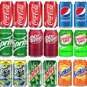 Soft Drink Assortment Variety: Cola, Pepsi, Sprite, Mountain Dew, Dr. Pepper, Brisk Iced Tea, Canada Dry Ginger Ale, Sunkist - 12 Fl Oz cans (18 Pack) Soda, Pop Restock Kit