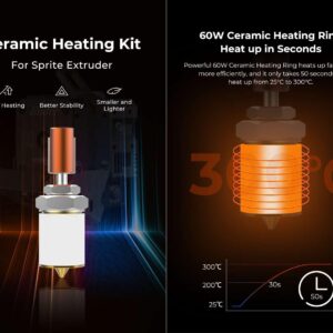 Creality Upgrade Sprite Ceramic Heating Block Kit Hotend Replacement for Sprite Extruder,60W Hot End Fast Heating to 300℃ Bimetal HeatBreak for Sprite Extruder Pro,Ender 3 S1/Pro/Plus,CR-10 Smart Pro