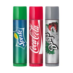 lip smacker coca-cola flavored lip balm set, flavors, sprite, coke, barq's root beer, for kids, men, women, 3 count (pack of 1)