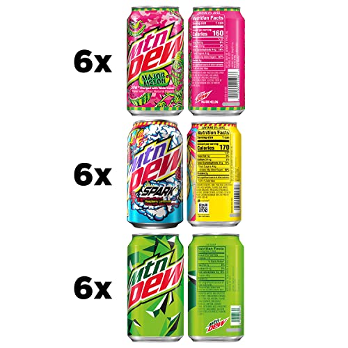 Mountain Dew 3 Flavor Major Melon Variety Pack (Major Melon, Spark (Rasp Lemonade), and Original Dew), 12 Fl Oz (Pack of 18)