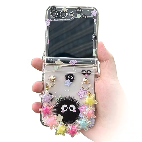 NXBNK for Galaxy Z Flip 5 Case, Soot Sprite Floral Hard Clear Phone Case for Samsung Galaxy Z Flip 5 2023 Plus a free phone chain, Cartoon Flip Case for Girls Women - Soot Sprite