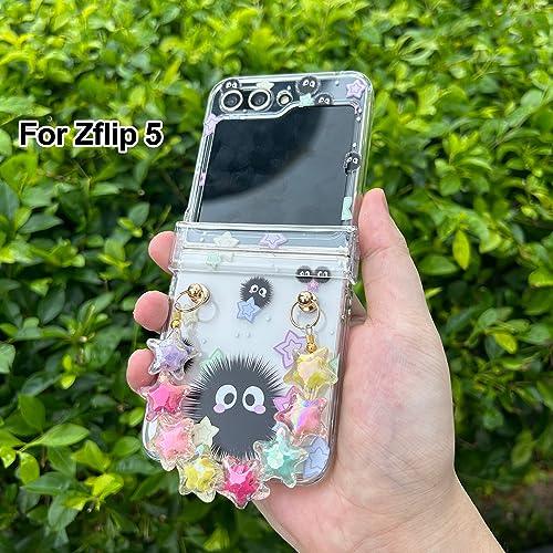 NXBNK for Galaxy Z Flip 5 Case, Soot Sprite Floral Hard Clear Phone Case for Samsung Galaxy Z Flip 5 2023 Plus a free phone chain, Cartoon Flip Case for Girls Women - Soot Sprite