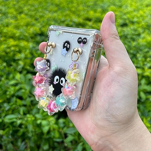 NXBNK for Galaxy Z Flip 5 Case, Soot Sprite Floral Hard Clear Phone Case for Samsung Galaxy Z Flip 5 2023 Plus a free phone chain, Cartoon Flip Case for Girls Women - Soot Sprite