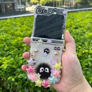 NXBNK for Galaxy Z Flip 5 Case, Soot Sprite Floral Hard Clear Phone Case for Samsung Galaxy Z Flip 5 2023 Plus a free phone chain, Cartoon Flip Case for Girls Women - Soot Sprite