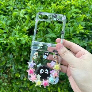 NXBNK for Galaxy Z Flip 5 Case, Soot Sprite Floral Hard Clear Phone Case for Samsung Galaxy Z Flip 5 2023 Plus a free phone chain, Cartoon Flip Case for Girls Women - Soot Sprite