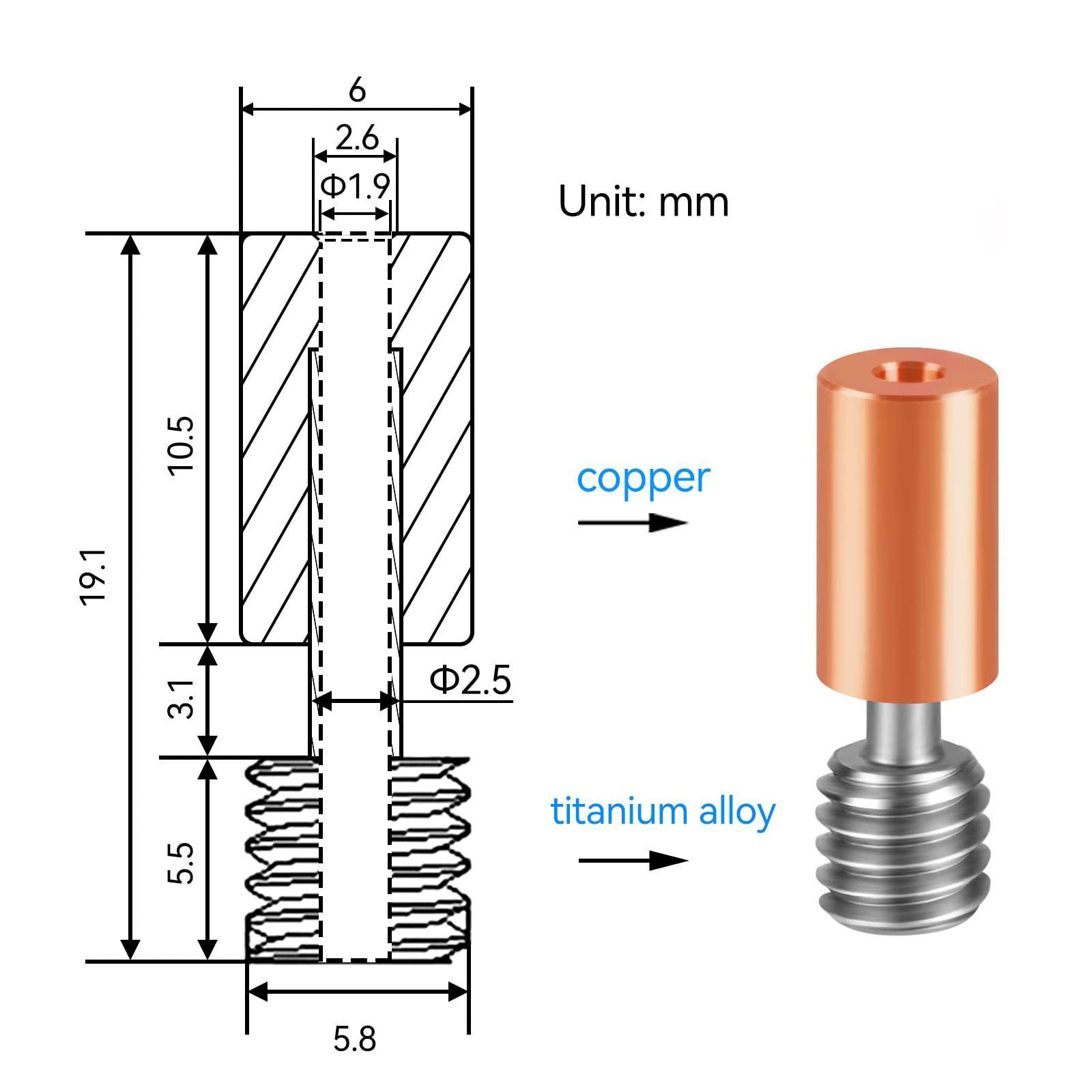 UniTak3D Ender 3 S1 Bimetal Heatbreak,Sprite Extruder Pro Throat Tube Copper+Titanium Alloy Support 400℃ for Ender-3 S1 Plus/Ender-3 S1 Pro/CR-10 Smart Pro/Sermoon V1/Sermoon V1 Pro/K1&K1 Max(2Pcs)