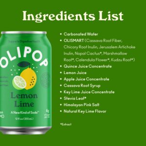 OLIPOP Prebiotic Soda Pop, Lemon Lime, A New Kind of Soda Packed with Prebiotics, Fiber, and Botanicals, Gluten Free, Vegan, GMO Free, 12oz (12-Cans)