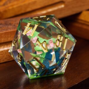 Cusdie Large D20 Dice 55mm with Sharp Edges and Sprite Inclusitions, D&D 20 Sided Dice, Handmade DND Dice Giant D20 for Dungeons and Dragons RPG, MTG Table Games(Green Sprite)