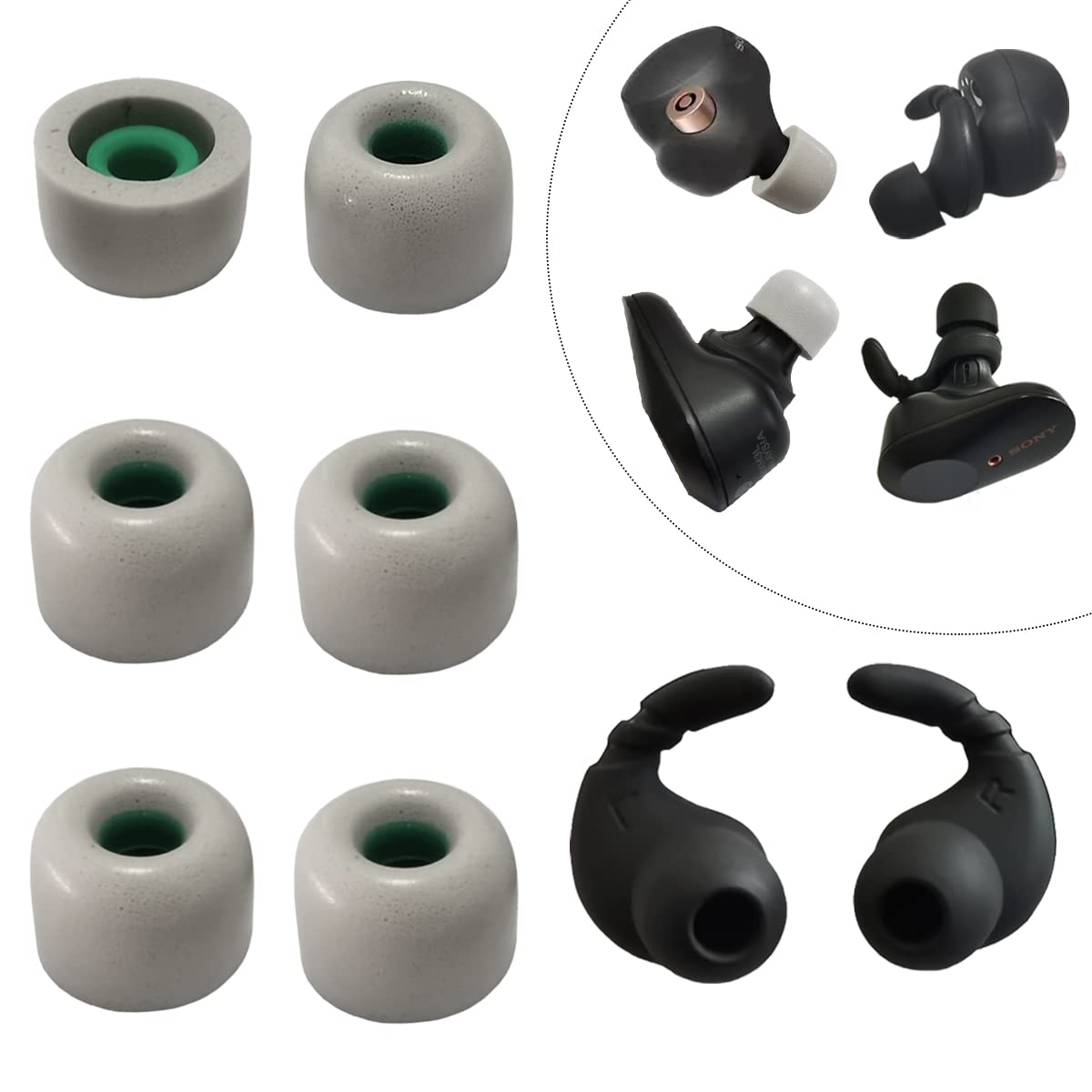 Memory Foam Earbuds Tips for Sony WF-1000XM5/WF-1000XM4+Ear Hooks Replacement Ear Tips for Sony Earbuds Fit in Charging Case, Gray Medium