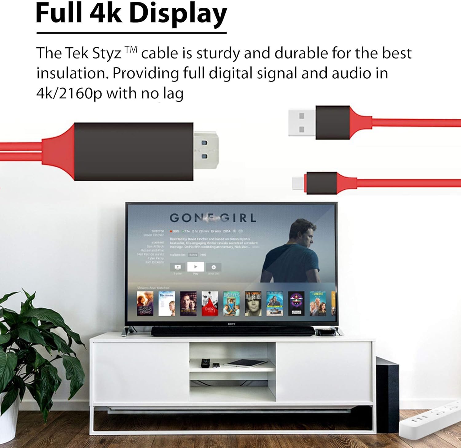 Tek Styz Powered USB-C 4k HDMI Cable Compatible with Sony WF-1000XM3 Plus USB Charging at Max 2160p@60Hz, 6Ft/2M Cable [Red, Thunderbolt 3]