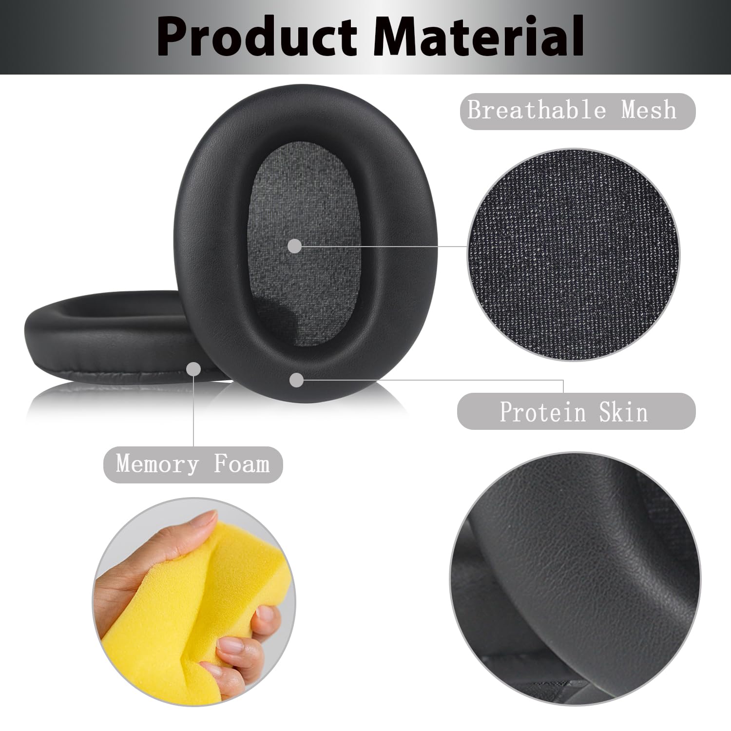 WH-CH710N Replacement Earpads Ear Cushions,Ear Pads for Sony WH-CH700N, WH-CH710N, WH-CH720N Headphones, Ear Cushions with Soft Protein Leather, Ear Comfort Memory Foam (Black)