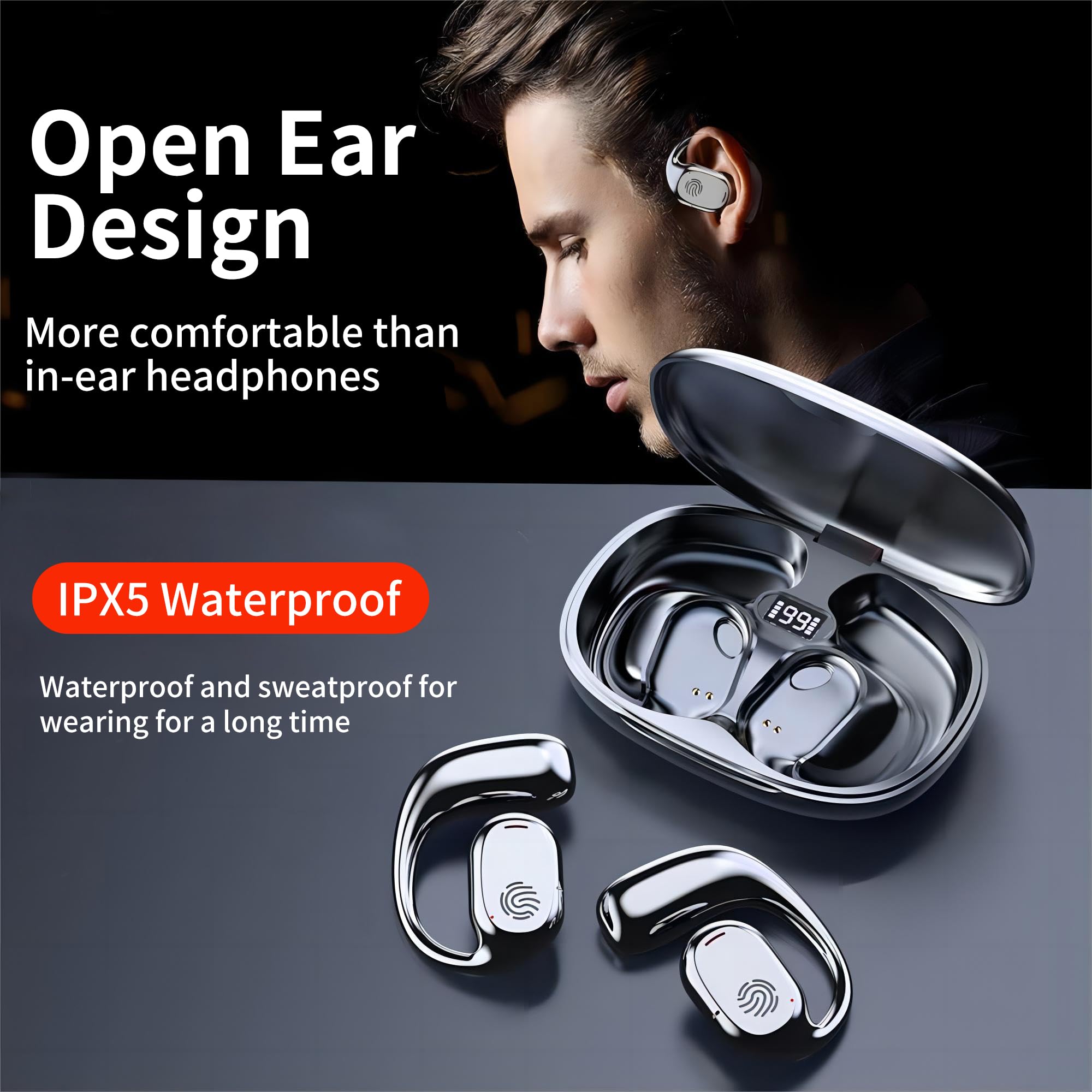 Open Ear Headphones, Wireless Earbuds Bluetooth 5.3 Headphones LED Power Display Charging Case 40H Playtime Premium Sound True Wireless Earbuds Sports Headphones for Running,Cycling,Workouts - Black2