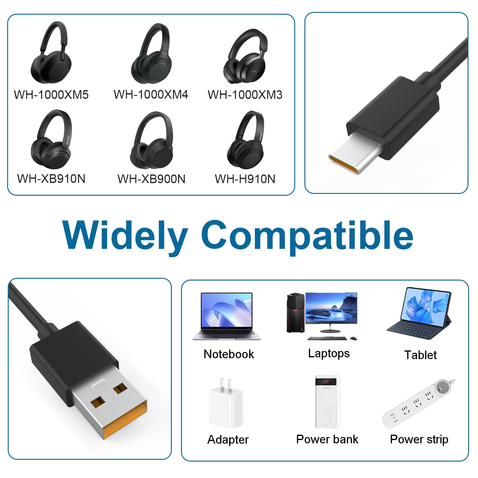 USB Type C Charger Cable Compatible with Sony WH-1000XM4 WH-1000XM3 WF-1000XM4 WH-XB900N WH-CH510 WI-1000XM2 WI-C200 WI-XB400, AKG Y400 Y600NC, WF-1000XM3, Bose NCH700 Headphones (100cm)