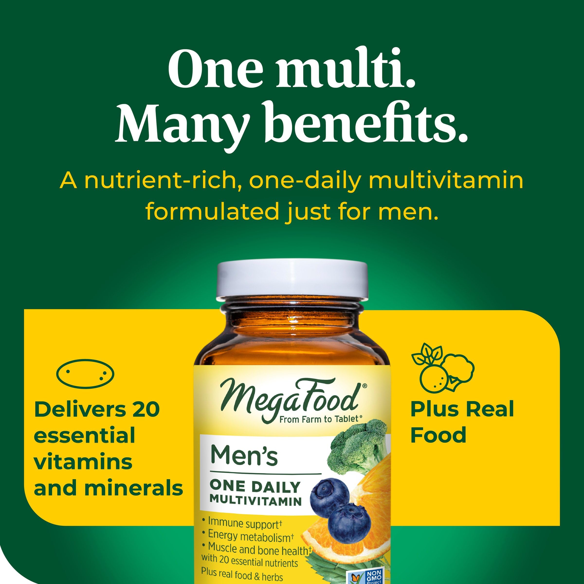 MegaFood Men's One Daily Multivitamin - with Zinc, Selenium, B Vitamins, D, and Real Food - Immune Support - Energy Metabolism - Muscle and Bone Health - Vegetarian - 60 Tabs