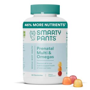 smartypants prenatal vitamins for women, multivitamin gummies: omega 3 fish oil (epa/dha), biotin, methylfolate, vitamin d3, c, vitamin b12, b6, vitamin a, k & zinc, 80 count (20 day supply)