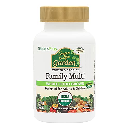 Natures Plus Source of Life Garden Certified Organic Family Chewable Multivitamin - 60 Vegan Chewables - Mixed Berry Flavor - for Adults & Children - Vegetarian, Gluten-Free - 30-60 Servings