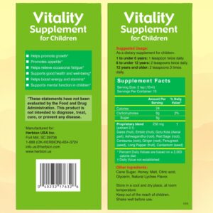 Herbion Naturals Vitality Supplement Syrup for Children, Promotes Growth and Appetite, Relieves Fatigue, Improves Mental and Physical Performance, Boosts Energy, 5 FL Oz - For Kids of 1 Year and Above