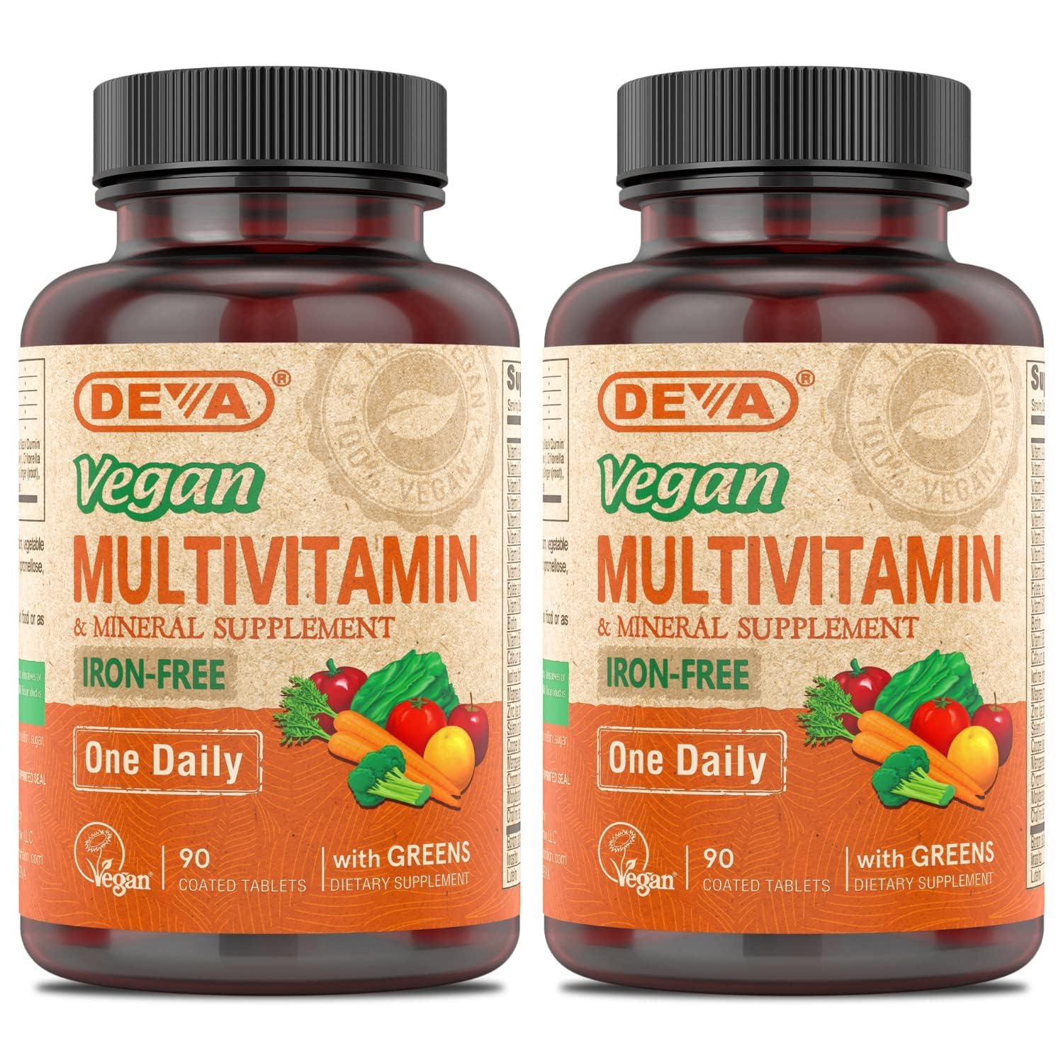 DEVA Vegan Multivitamin and Mineral Supplement - One Daily Vitamin Formula with Greens - Iron Free - 90 Coated Tablets (Pack of 2)