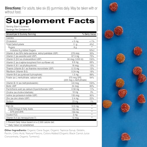 SmartyPants Multivitamin for Men & Women: Multivitamin Gummies with Vitamin D3, C, Vitamin B12, B6, Vitamin A, K & Zinc, Omega 3 Fish Oil (EPA/DHA), Gluten Free, 180 Count (30 Day Supply)