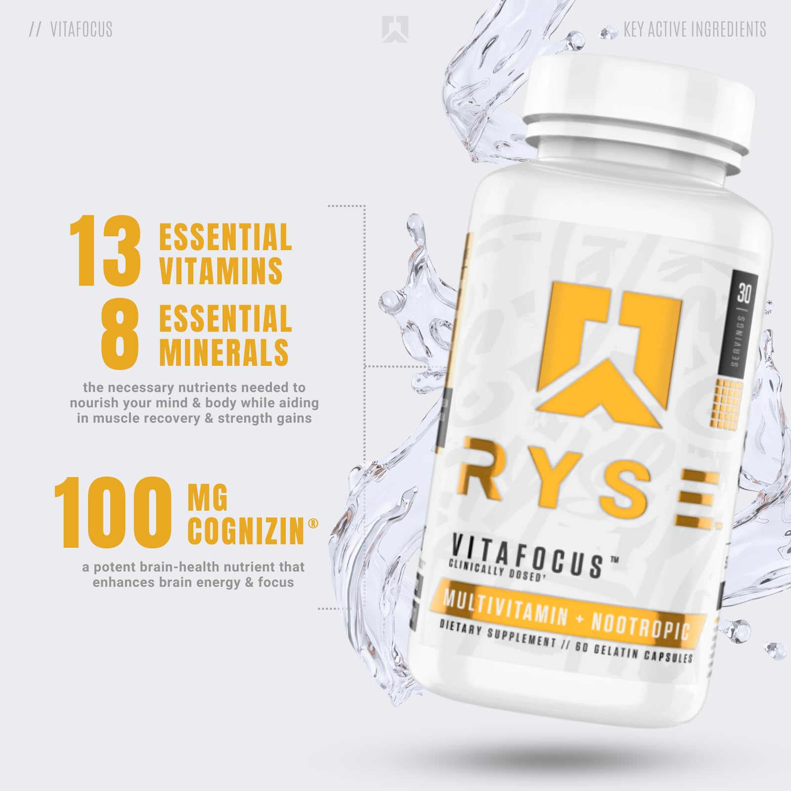 RYSE Up Supplements Core Series VitaFocus | Multivitamin + Nootropic | Total Brain & Body Support | with 13 Essential Vitamins & 8 Essential Minerals | 60 Capsules