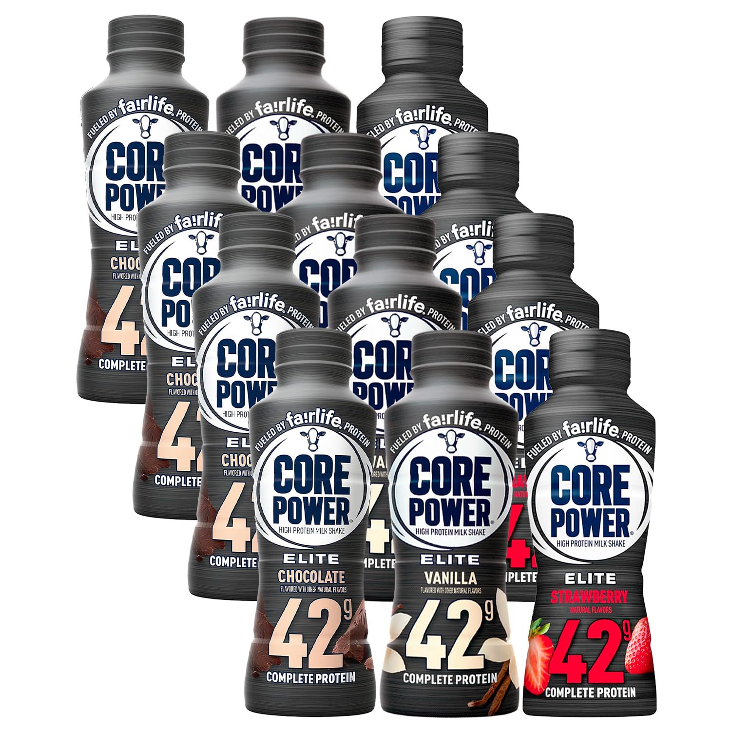 Core Power Elite High Protein Milk Shake 42g (Pack of 12) 3 Flavor Variety - Chocolate, Vanilla and Strawberry 14 Fl Oz by World Group Packing Solutions