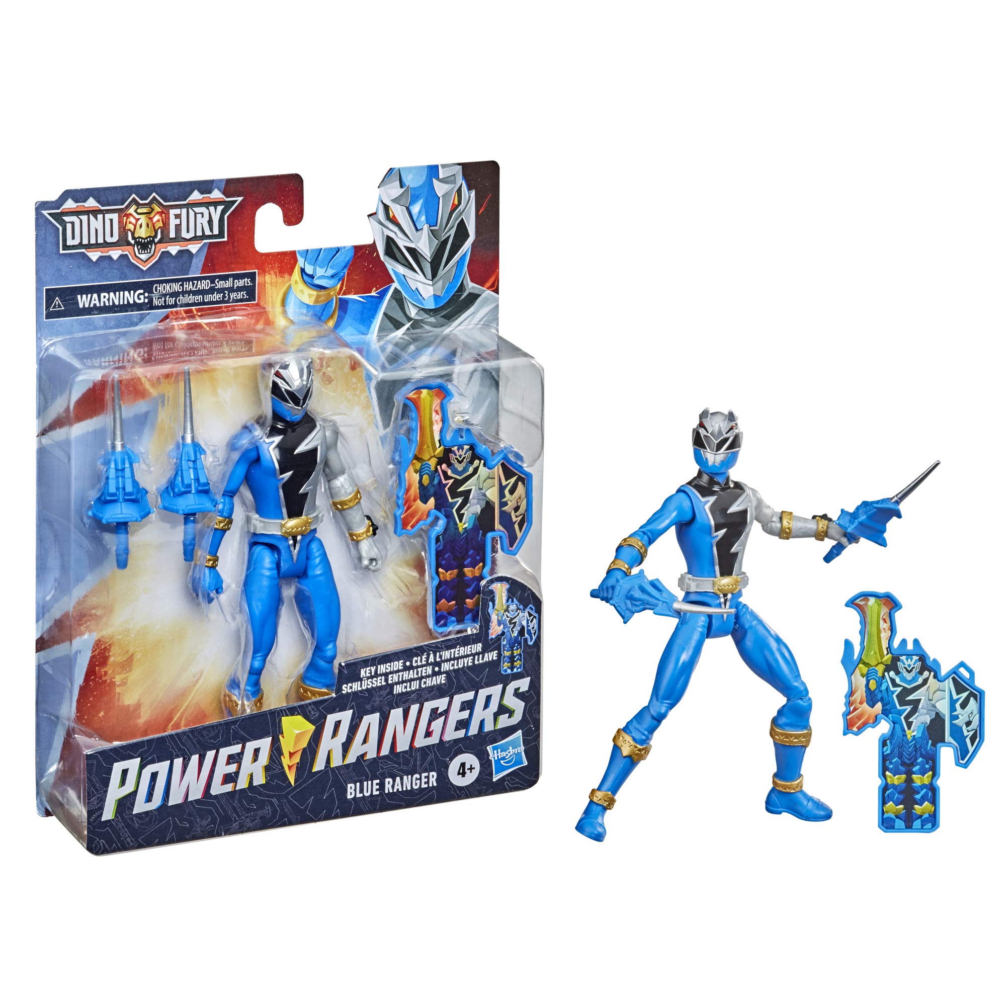 Power Rangers Dino Fury Blue Ranger 6-Inch Action Figure Toy Inspired by TV Show with Dino Fury Key and Weapon Accessories for Ages 4 and Up