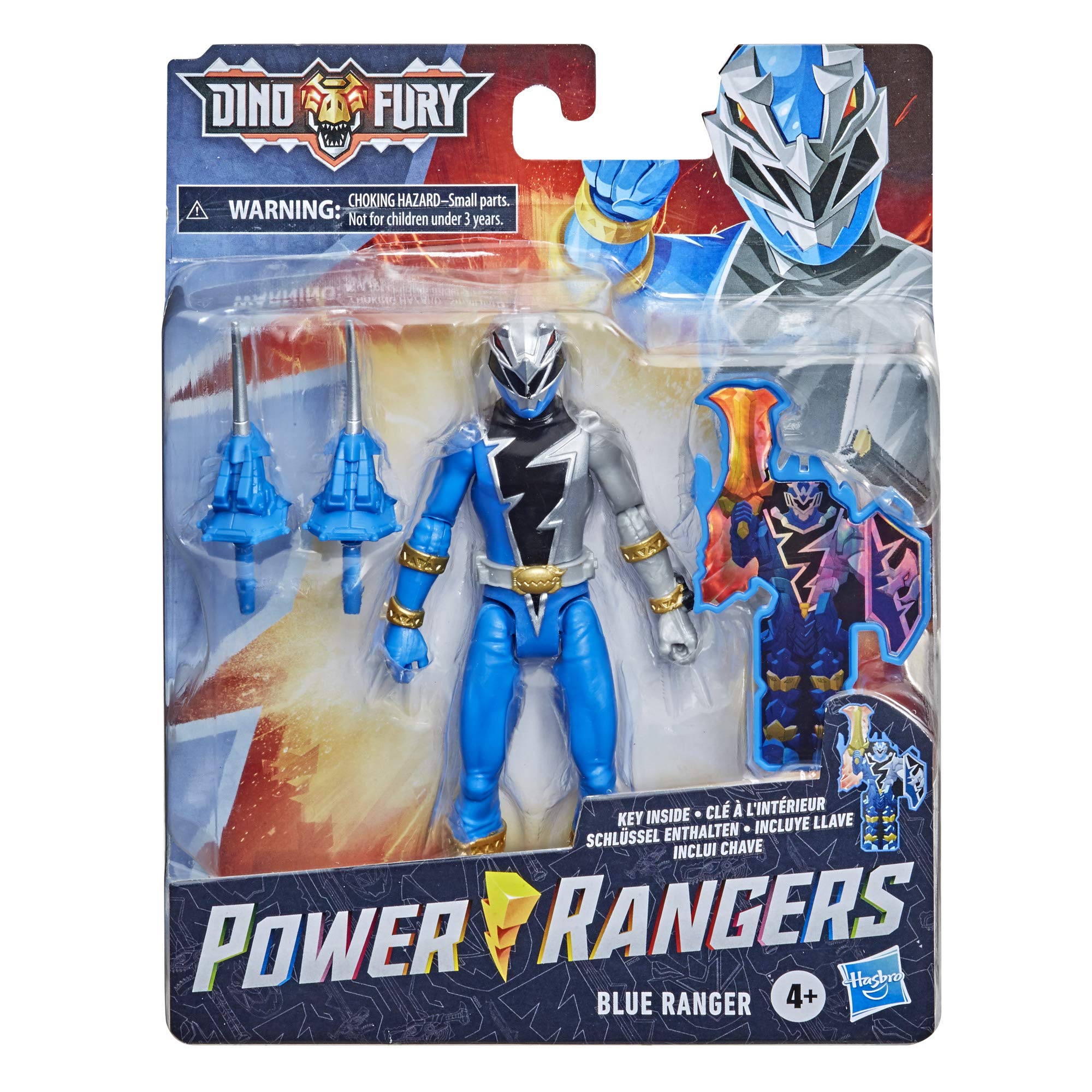 Power Rangers Dino Fury Blue Ranger 6-Inch Action Figure Toy Inspired by TV Show with Dino Fury Key and Weapon Accessories for Ages 4 and Up