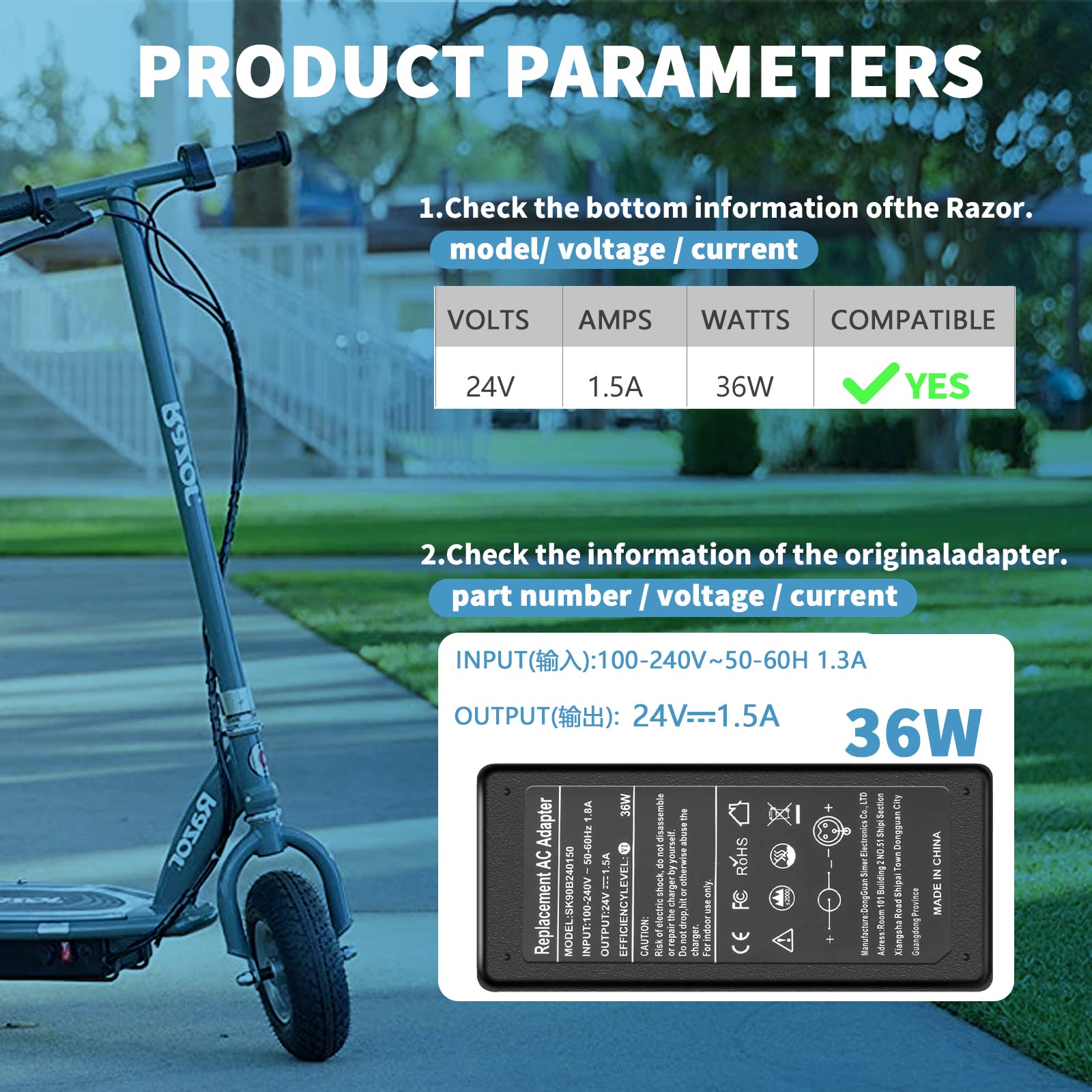 24V 1.5A 36W Scooter Battery Charger for Razor E100 E200 E200S E225 E300 E300S PR200 E125 E150 E500 E225S E325S MX350 MX400 Pocket Mod, Sports Mod, and Dirt Quad Charger Power Supply Cord