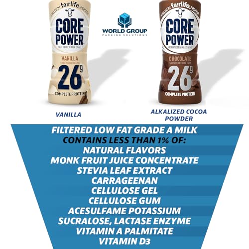 Fairlife Core Power 26g Protein Milk Shakes, Variety Pack, Vanilla and Chocolate Flavor, Ready To Drink for Workout Recovery, 14oz (Pack of 12) By World Group Packing Solutions