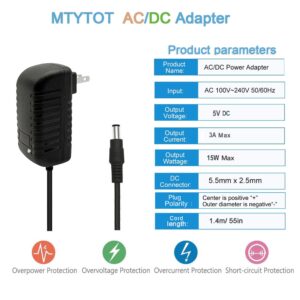 MTYTOT 5V 3A DC Power Supply Adapter AC 100V~240V to DC 5V Power Supply 3A 15W Converter AC Adapter 5.5X 2.5mm Plug 5Volt 3Amp 2A 1A Power Adapter for 5V LED Lights Security Camera Security System