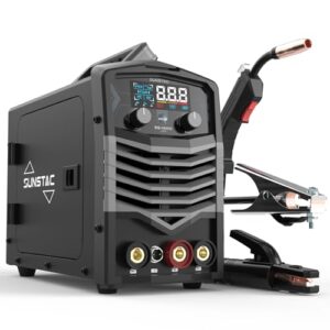 sunstac 140amp mig welder, 110v flux core mig welder/lift tig/stick 3 in 1 welding machine with synergic control and igbt inverter, portable gasless mig welder with intelligent lcd display