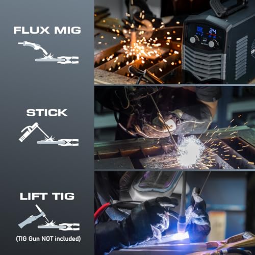 Sunstac 140Amp MIG Welder, 110V Flux Core MIG Welder/Lift TIG/Stick 3 in 1 Welding Machine with Synergic Control and IGBT Inverter, Portable Gasless MIG Welder with Intelligent LCD Display