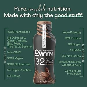 OWYN Only What You Need Pro Elite Vegan High Protein Keto Shake, 32g Protein, 9 Amino Acids, Omega-3, Prebiotics, Superfoods Greens for Workout and Recovery, 0g Net Carbs, Zero Sugar, Chocolate, 12 Fl Oz (Pack of 12)