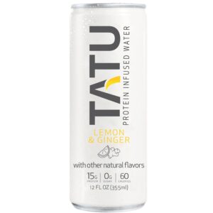 tatu ready-to-drink protein infused water lemon ginger 24 pack. 15 grams of whey protein isolate, 0 grams of sugar, only 60 calories. lemon ginger and orange mango. gluten free, lactose free.