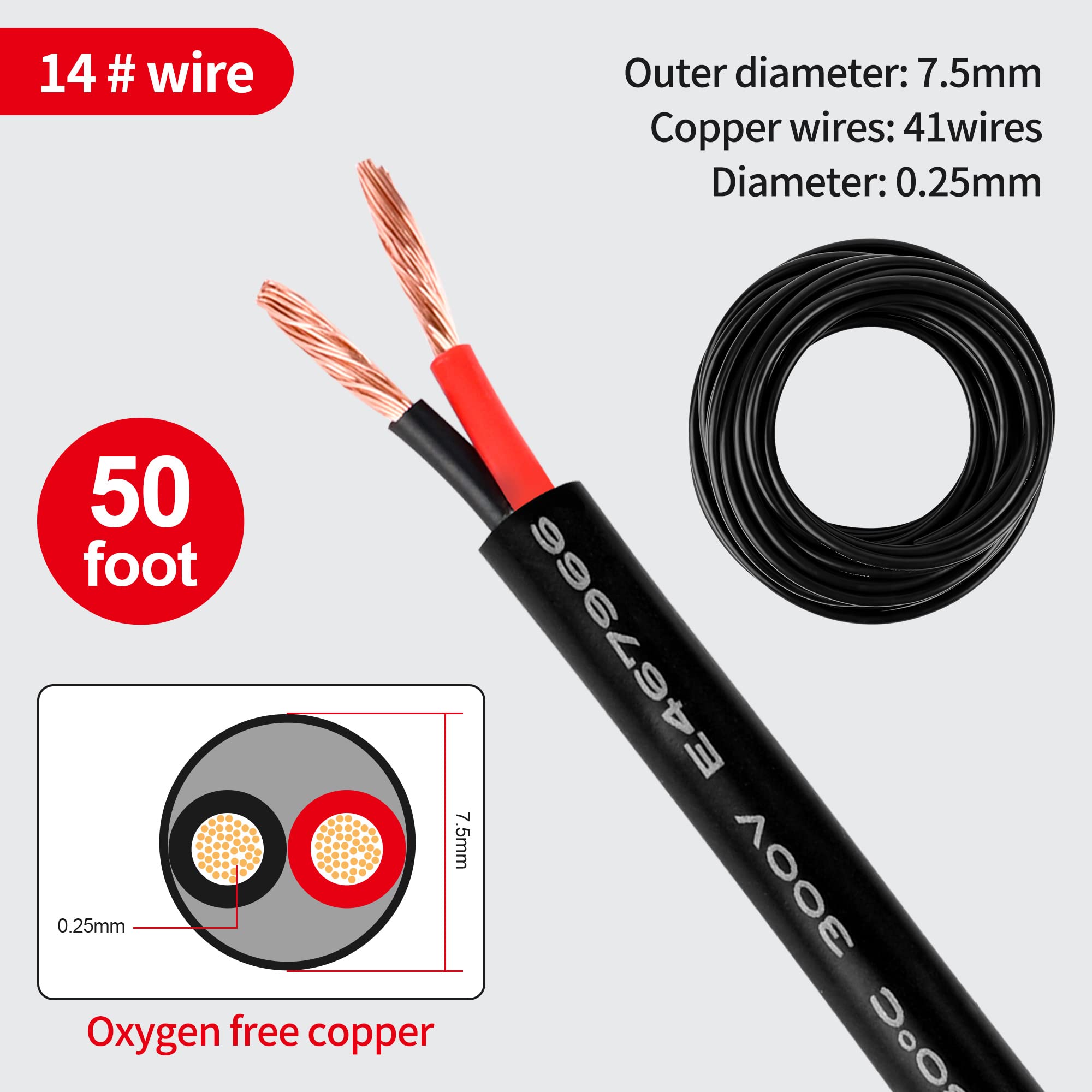 14 Gauge Electrical Wire 2 Conductor,14 AWG Electrical Wire Stranded PVC Cord Oxygen-Free Copper Cable,50FT 2 Core Flexible Extension Power Cord for Auto Cord for LED Lamp Lighting Strips Automotive…