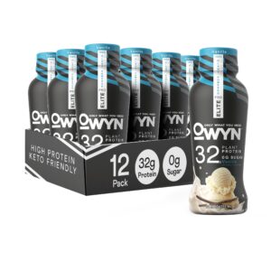 owyn only what you need pro elite vegan plant based high protein shake, vanilla, 12 pack, 32g protein, amino acids, prebiotics, omega-3, workout and recovery, 0g net carbs, zero sugar, keto