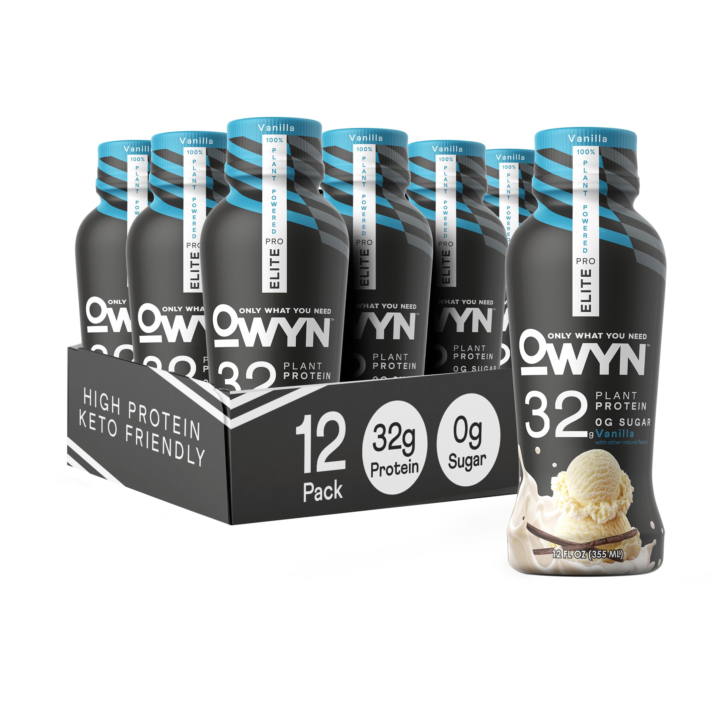 OWYN Only What You Need Pro Elite Vegan Plant Based High Protein Shake, Vanilla, 12 Pack, 32g Protein, Amino Acids, Prebiotics, Omega-3, Workout and Recovery, 0g Net Carbs, Zero Sugar, Keto