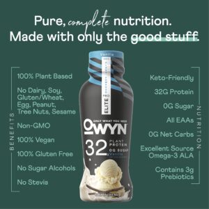 OWYN Only What You Need Pro Elite Vegan Plant Based High Protein Shake, Vanilla, 12 Pack, 32g Protein, Amino Acids, Prebiotics, Omega-3, Workout and Recovery, 0g Net Carbs, Zero Sugar, Keto