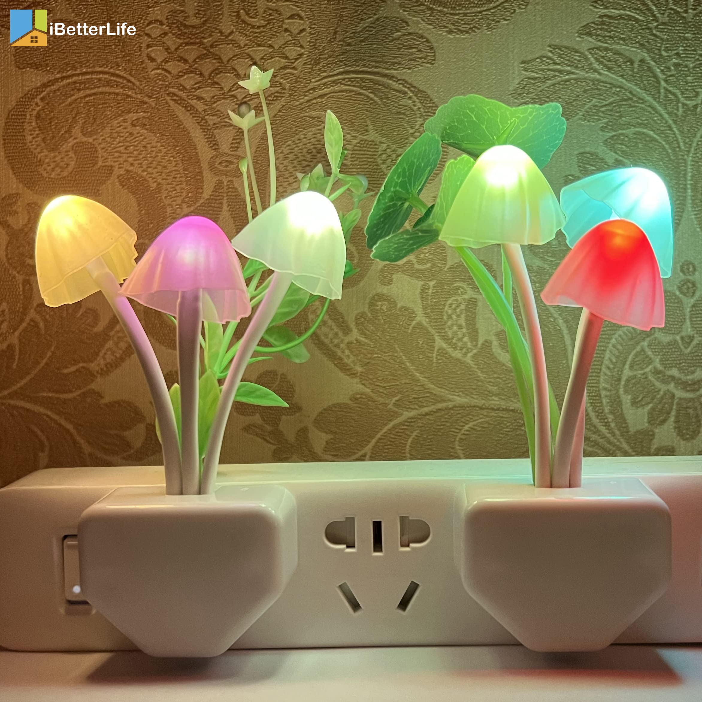 iBetterLife Sensor Night Light Color Changing Plug in Wall LED Mushroom Nightlight with Dusk to Dawn Sensor Auto On/Off Cottage Core Decor Lamp, Super Power Saving, 2 Pack