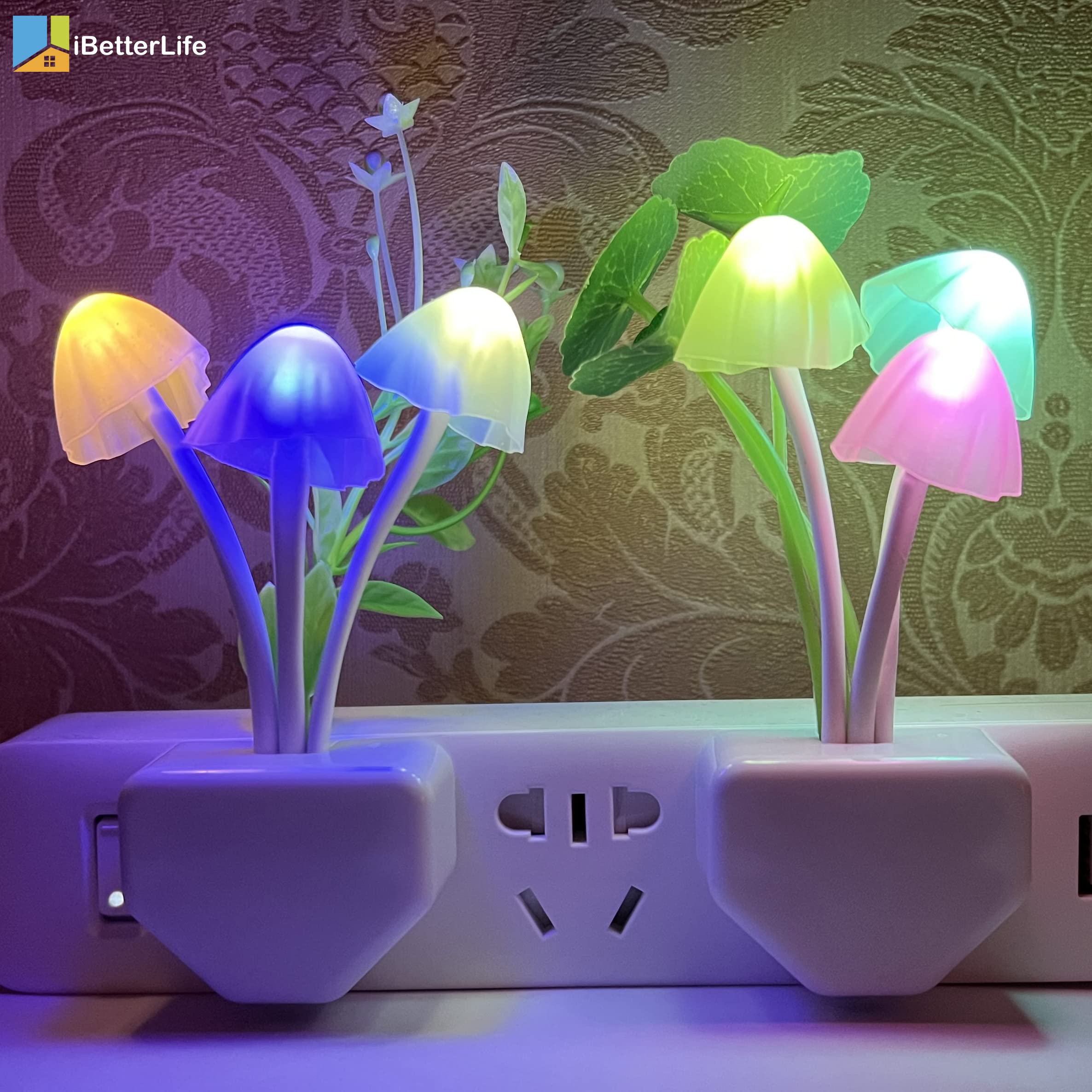 iBetterLife Sensor Night Light Color Changing Plug in Wall LED Mushroom Nightlight with Dusk to Dawn Sensor Auto On/Off Cottage Core Decor Lamp, Super Power Saving, 2 Pack