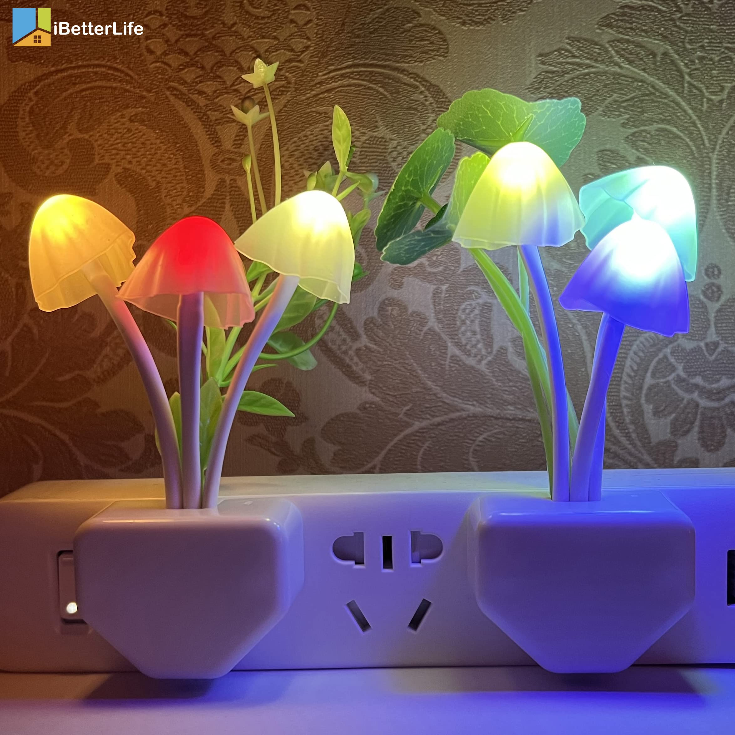 iBetterLife Sensor Night Light Color Changing Plug in Wall LED Mushroom Nightlight with Dusk to Dawn Sensor Auto On/Off Cottage Core Decor Lamp, Super Power Saving, 2 Pack