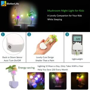 iBetterLife Sensor Night Light Color Changing Plug in Wall LED Mushroom Nightlight with Dusk to Dawn Sensor Auto On/Off Cottage Core Decor Lamp, Super Power Saving, 2 Pack