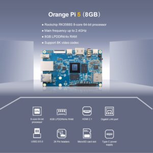 Orange Pi 5 8GB Rockchip RK3588S 8-Core 64 Bit Single Board Computer, Up to 2.4GHz and 8K Video Codec Support Development Board Run Orange Pi/Ubuntu/Debian/Android 12 OS (Pi 5 8GB+ Power Supply)