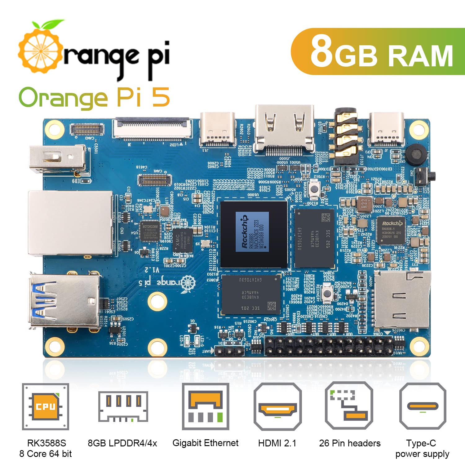 Orange Pi 5 8GB Rockchip RK3588S 8-Core 64 Bit Single Board Computer, Up to 2.4GHz and 8K Video Codec Support Development Board Run Orange Pi/Ubuntu/Debian/Android 12 OS (Pi 5 8GB+ Power Supply)